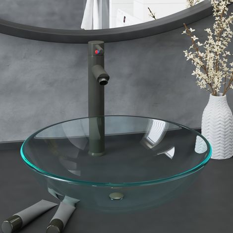 Lavabo de bain avec robinet et drain à poussoir Verre trempé 2 (1/5)