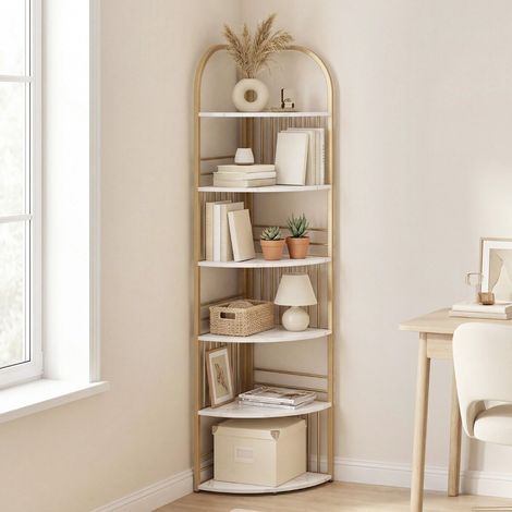 6 niveaux étagère d'angle bibliothèque, meuble de rangement gain de place avec cadre en métal, blanc (1/5)