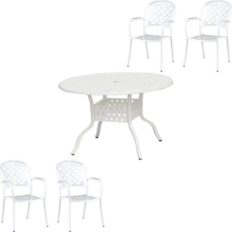Inko 5-teilige Sitzgruppe Aluminium Guss weiß Tisch Ø 120 cm mit 4 Sesseln