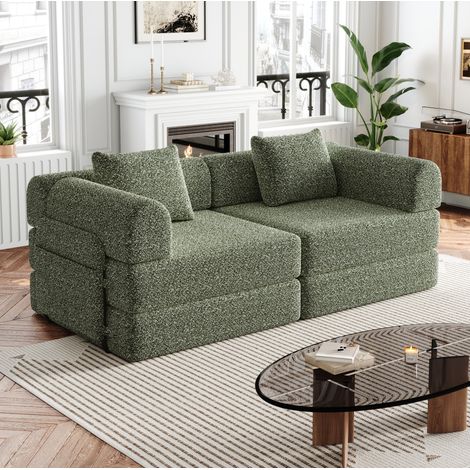 Sofá cama 2 en 1 de chenilla verde con arcón en el reposabrazos OKWISH (1/5)