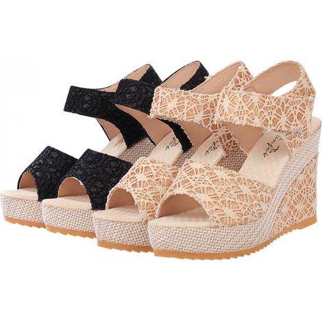 Sandales pour femmes, collection été, talon compensé, semelle plateforme, beige, matière synthétique, pointure 37 EU (1/5)