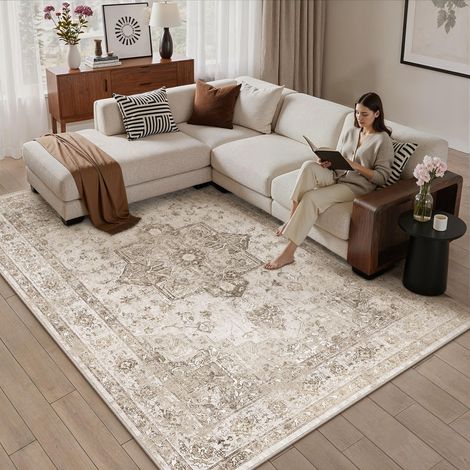 Vintage Tapis Salon Beige 140x200cm Lavable en Machine Rug Grand Antidérapant Rugs,Chambre Adulte,Descente de Lit Carpets,Salle a Manger,Bureau,Cuisine,Interieur Poil Ras Carpet (1/5)