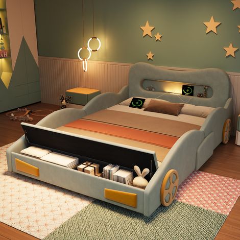 Letto per bambini 140/200 cm verde a forma di auto, con luce da lettura, porta di ricarica e vano contenitore (1/5)