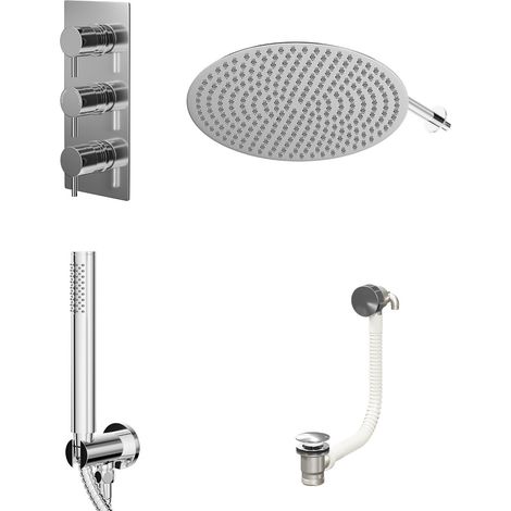 Circo Polished Chrome Concealed Triple Thermostatic Shower Valve with Diverter and 400mm Round Head with 345mm Wall Arm and Outlet Holder with Kit and Free-Flow Bath Filler - 3 Outlet (1/5)