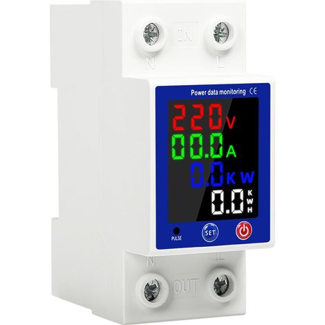 Wechselstrom-Energiezähler 63 A 230 V, Amperemeter, Voltmeter, kWh, digitale LCD-Anzeige, Fehlerstromschutzschalter mit Überspannungs- und Unterspannungsschutz
