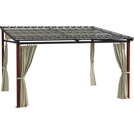 Pergola Outsunny 3,5 x 3 m, pavillon avec parois latérales, coupe-vent, hauteur réglable, toit rétractable, beige, pour jardin et terrasse