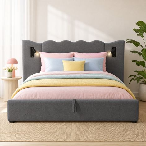 Letto contenitore 180 x 200 cm con lampada da lettura e ricarica USB Type-C, grigio DESVIAE (1/5)