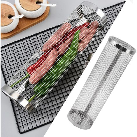 Grille de barbecue rotative, support de barbecue, filet de barbecue en acier inoxydable, panier de barbecue, tube de filet de barbecue rond pour l'extérieur, grande taille (1/5)