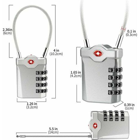 Code 4 Chiffres Cadenas Bagage pour Valise Voyage Cadenas Casier Collège avec Fonction d'alerte Bagages Ouverts et Cable en Acier (Argent)-1 article (1/4)