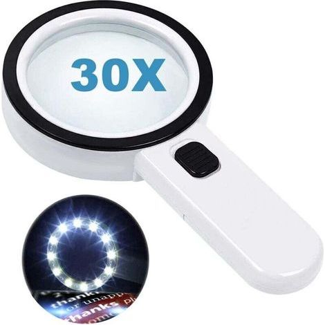 Reading magnifier with 12 LED lights, double glass lens with 30x magnification. For easy reading of coins, stamps, and cards. Ideal for those with macular degeneration. (1/5)