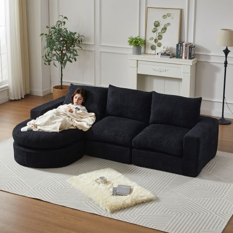 Modulares L-förmiges Sofa (Catpillar): Gebogene Elemente + Chaiselongue, keine Montage erforderlich, Schwarz