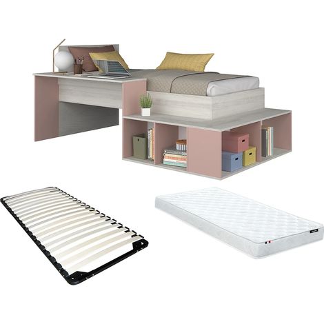 Letto combinato con vani portaoggetti e Scrivania 90 x 200 cm Naturale e Rosa + Rete + Materasso - RIGALI (1/5)
