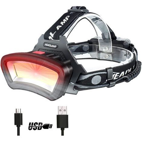 Lampe Frontale COB Torches Frontales projecteur LED avec lumière rouge rechargeable par USB 2000 lumens entretien de voiture durable et construction de nuit - durée fonctionnement 7-14 heures-Chrom (1/5)