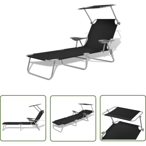 The Living Store Chaise longue avec auvent Acier Noir - Chaises Longues - Transats - Mobilier De Jardin - Chaises De Jardin - Relaxations (1/5)