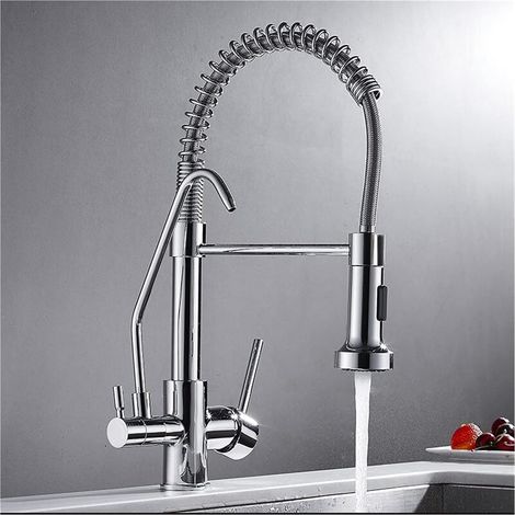 Nickel Printemps Pull Down Cuisine Robinet Dual Splouts 360 Pivot Swivel Douche de Poche Cuisine Mélangeur Grue Chaud Froid 2 Sortie Taps à Ressort(A) (1/5)