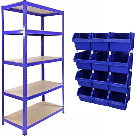 T-Rax 90cm Estantería Azul para Almacenamiento con 12 Organizadores de Piezas de Ferretería, Almacén y Taller Apilables Unidad de Estantería sin Tornillos