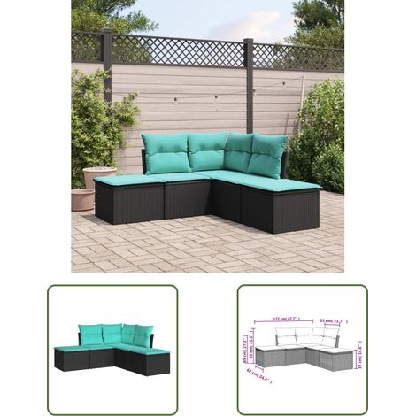 The Living Store Salon de jardin 5 pcs avec coussins noir résine tressée - Canapé De Jardin - Salon De Jardin - Mobilier Extérieur - Résine Tressée - Rotin Synthétique (1/3)