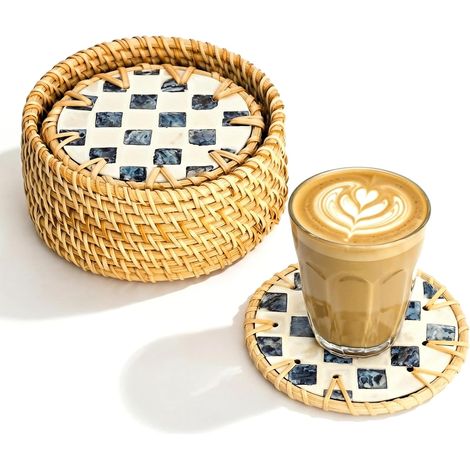 Lot de 6 Dessous de Verre Ronds en Nacre pour Boissons avec Support Fait à la Main Articles ménagers durables Table Basse, Bar Tiki, Tasses, Verres, Tasses Coastal Boho - Drift (1/5)