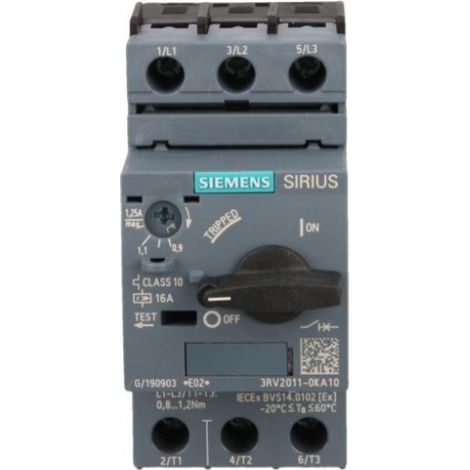 Interruptor automático para motor 3P 0,37kW 0,9-1,25A S00 3RV2011-0KA10