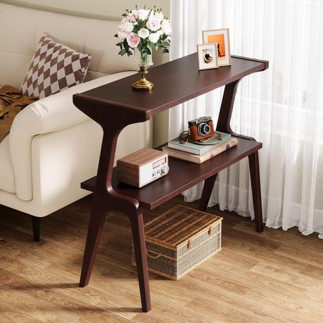 Tribesigns Table d'appoint en bois massif, 2 niveaux, étroite et haute, avec rangements, table latérale fine pour canapé, longue table de chevet pour chambre à coucher, salon, bordeaux,1 (1/5)