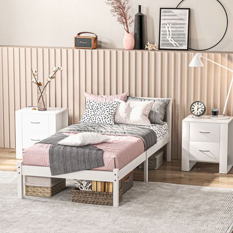 Estructura de cama individual de madera maciza de 90x190 cm con cabecero y base de láminas resistente para niños y adultos.