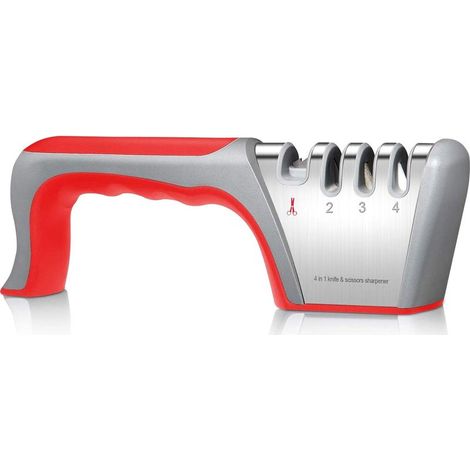Aiguiseur de couteaux professionnel, aiguiseur de cuisine 4 en 1 avec gomme antidérapante, aiguiseur pour couteaux de cuisine et ciseaux de toutes tailles (rouge) (1/5)