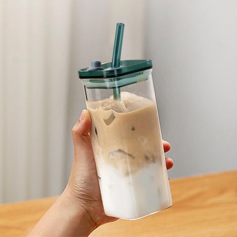 Verre En Verre Borosilicate - Couvercle Et Paille Inclus - Résistant À La Chaleur - Pour Café Lait Jus Soda - 350 Ml - 1 Pièce (1/5)