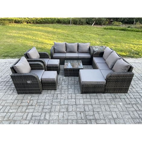 Fimous Hoher Rücken Polyrattan Gartenmöbel Set mit Quadratischer Couchtisch 3 Hockern Beistelltisch Garten Lounge Set Dunkelgrau Gemischt (1/5)