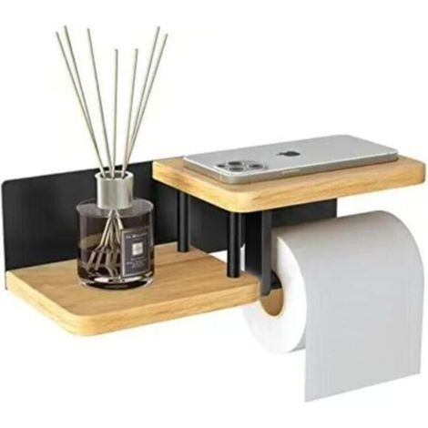 Porte-papier toilette mural en bambou [Sans perçage] Porte-papier toilette de haute qualité avec étagères, noir (1/4)