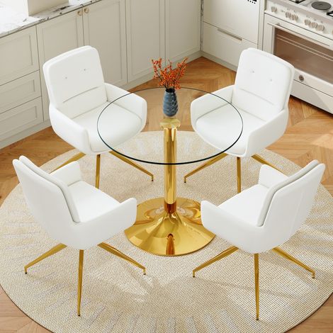 Conjunto de mesa y sillas de comedor (85x85x76 cm), giratorias, vidrio templado, metal, PU, transparente, blanco y dorado (1/5)