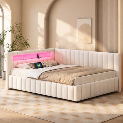 DESMIU Lit banquette 140 × 200 cm 2 places avec LED, USB, dossier et tête de lit, sans matelas, beige (1/5)