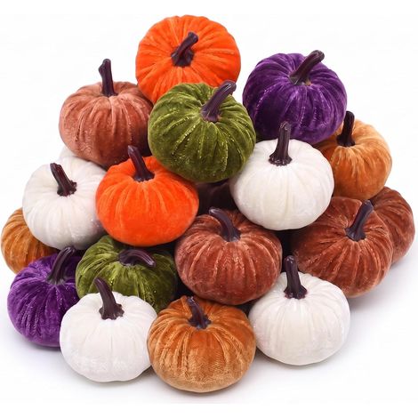 24 Pièces Citrouilles Décoration Automne, Citrouilles Artificielles Fausse en Velours, Récolte Maison Table Deco pour Halloween Thanksgiving Intérieur Cheminée (1/5)