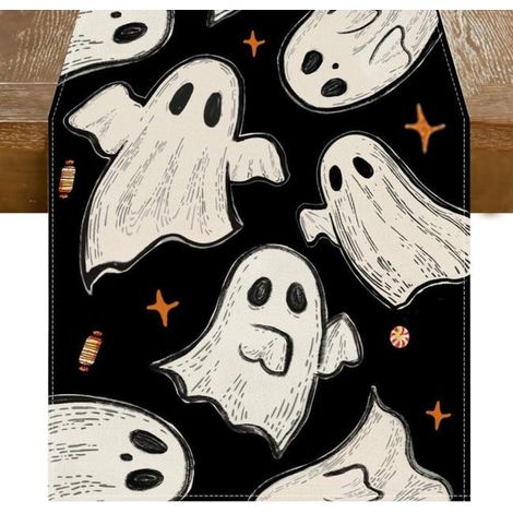 Halloween-Tischläufer 40 x 140 cm, schwarzer Hintergrund, Geister und Sterne – Halloween-Dekoration für Zuhause, Küche, Wohnzimmer und Partys. Strapa (1/5)