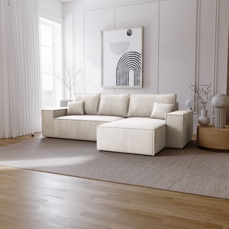 Emporius Canapé d'angle 277 cm Bergamo, velours côtelé - droite, canapé convertible, écru (1/5)