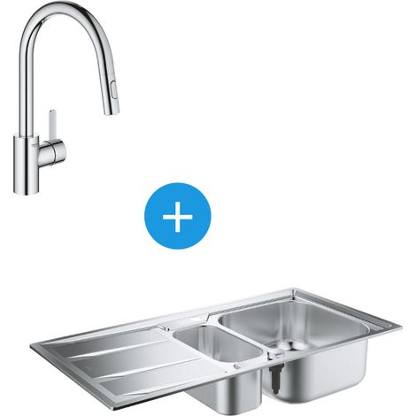 Kit Evier cuisine K400 à encastrer 965x500mm Acier inoxydable + Mitigeur douchette extractible 2 jets (31567SD0-SET5)