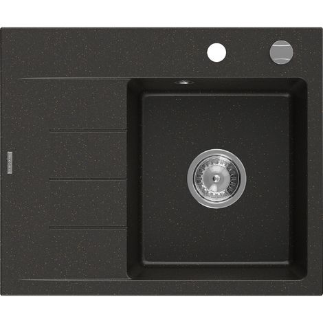Mexen Ben évier en granit 1 bac avec égouttoir à droite 600 x 500 mm, noir/or métallisé, siphon chromé - 6523605000-75 (1/5)