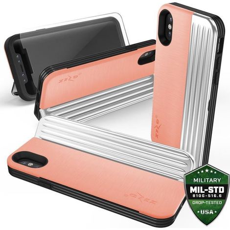 Zizo Retro Serie - iPhone Xs / X Hülle mit Kartenfach + Ständer + 9H Glas-Displayschutzfolie (Pfirsich/Silber) (1/5)
