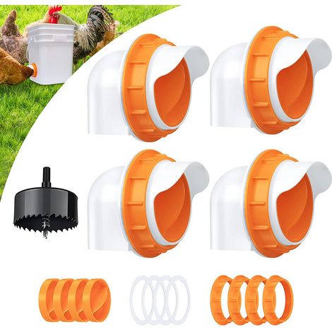 Mangeoires pour poulets réutilisable, mangeoire pour volaille à 4 ports avec scie cloche pour seaux, sans gaspillage, résistante à la pluie, auges orange (1/5)