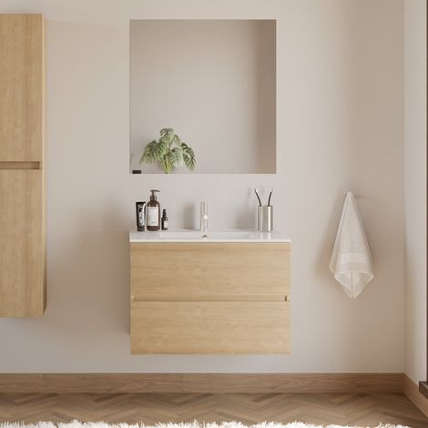 Meuble de salle de bain 60cm simple vasque - 2 tiroirs - nebraska (bois clair) - IDA (1/5)