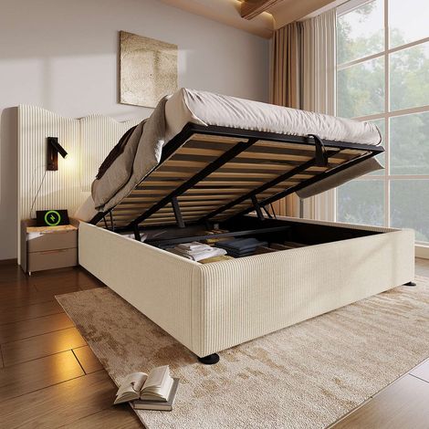 Lit coffre 180x200 cm beige et blanc en velours côtelé, lampe de lecture 360°, 2 USB et 2 USB-C, rangement hydraulique, sommier à lattes en bois massif inclus, sans matelas (1/5)