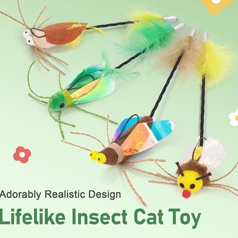 Cat Toy with Feather and Insects, 2 Sticks and 4 Pcs Insect Bait, Feather Interactive Toy for Kittens and Cats (1/4)