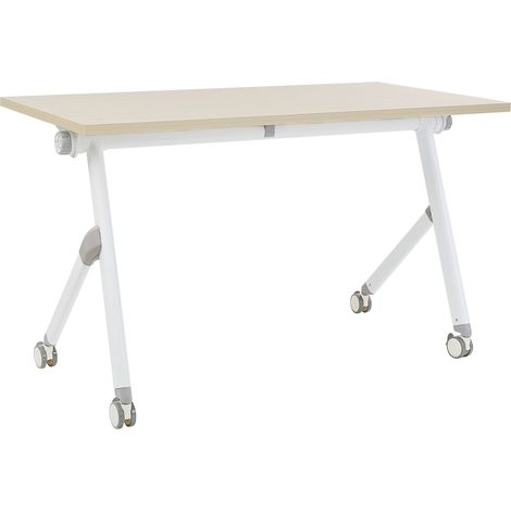 Scrivania rettangolare pieghevole con rotelle portatile con struttura in metallo legno chiaro e bianco 120 x 60 cm Bendi