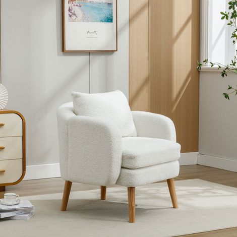 Sillón 71/72/71 cm de teddy en blanco con cojín, asiento grueso y estructura de madera (1/5)