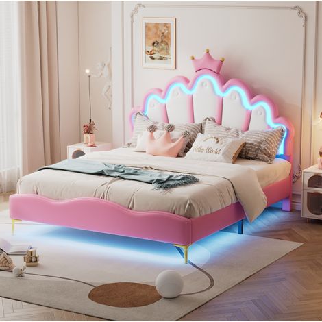Cama 140x200 Cm Piel Sintética Rosa, Cabecero Corona Estilo Princesa Luz LED Multicolor (1/5)