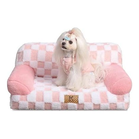 KSIIA Small Sofa Dog Bed, Removable Washable Cover, 66 x 37 cm, Orthopaedic Dog Bed, Soft, Comfortable Cat Bed, Non-Slip Base, Dog Sofa with Armrests and Backrest, Pink (1/3)
