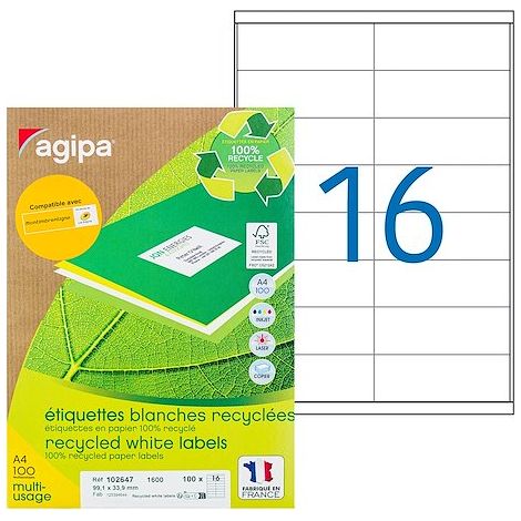 Etiquette adresse jet d'encre et laser recyclée 99,1 x 33,9 mm Agipa 102647 blanche - Boîte de 1600 (1/3)