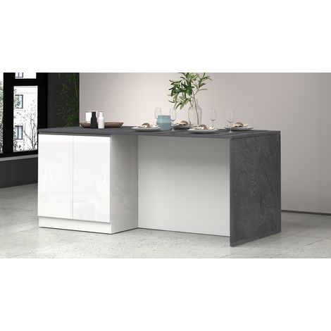 Îlot de cuisine moderne 4 portes blanc brillant/gris béton Solena (1/5)