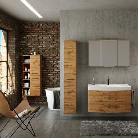 Badezimmer Möbel Set Industrial Style 100 cm Waschtisch und Hochschrank MORISSON-03 in Wotan Eiche Nb. inkl. Waschbecken, B/H/T: ca. 245/200/50 cm (1/5)