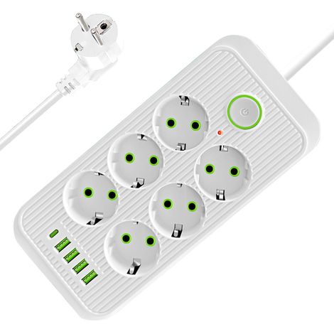 Regleta de 6 enchufes USB con 4 puertos USB (3 USB A + 1 USB C), enchufe plano con interruptor, protector contra sobretensiones, 10 A, 2500 W, cable de extensión de 2 m, para oficina y hogar.