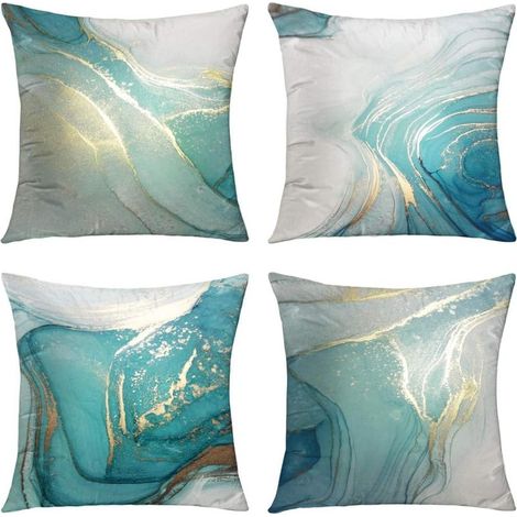 Housses de coussin décoratives en marbre, turquoise et or argenté, motif abstrait fluide, taie d'oreiller douce, carrées, 45,7 x 45,7 cm, lot de 4 (1/5)